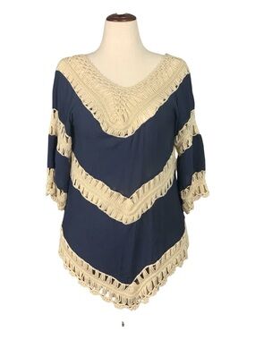 Vivid Collection Navy Blue Gauzy Crochet Trim‎ Tunic Beach Boho Festival Large